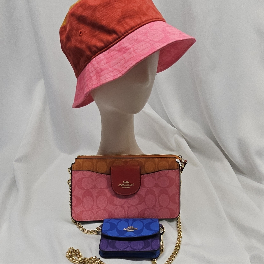Coach Red and Pink Hat with Colorful Wallet Set